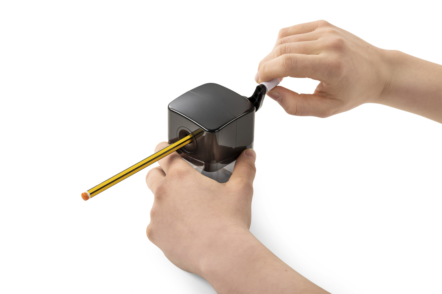Dank Kurbelantrieb stellt sich der Stift beim Einführen in die Spitzmaschine fest - kein Drehen, Ziehen oder Feststellen notwendig.