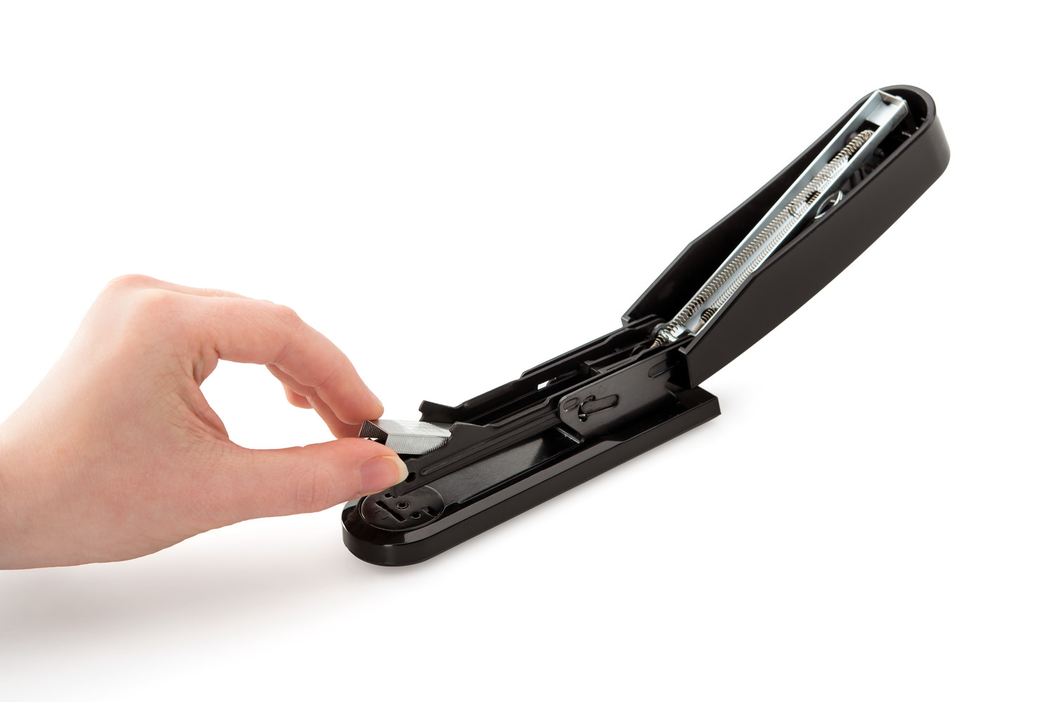 With the top-loading mechanism, the staples are inserted into the stapler after raising the top part.