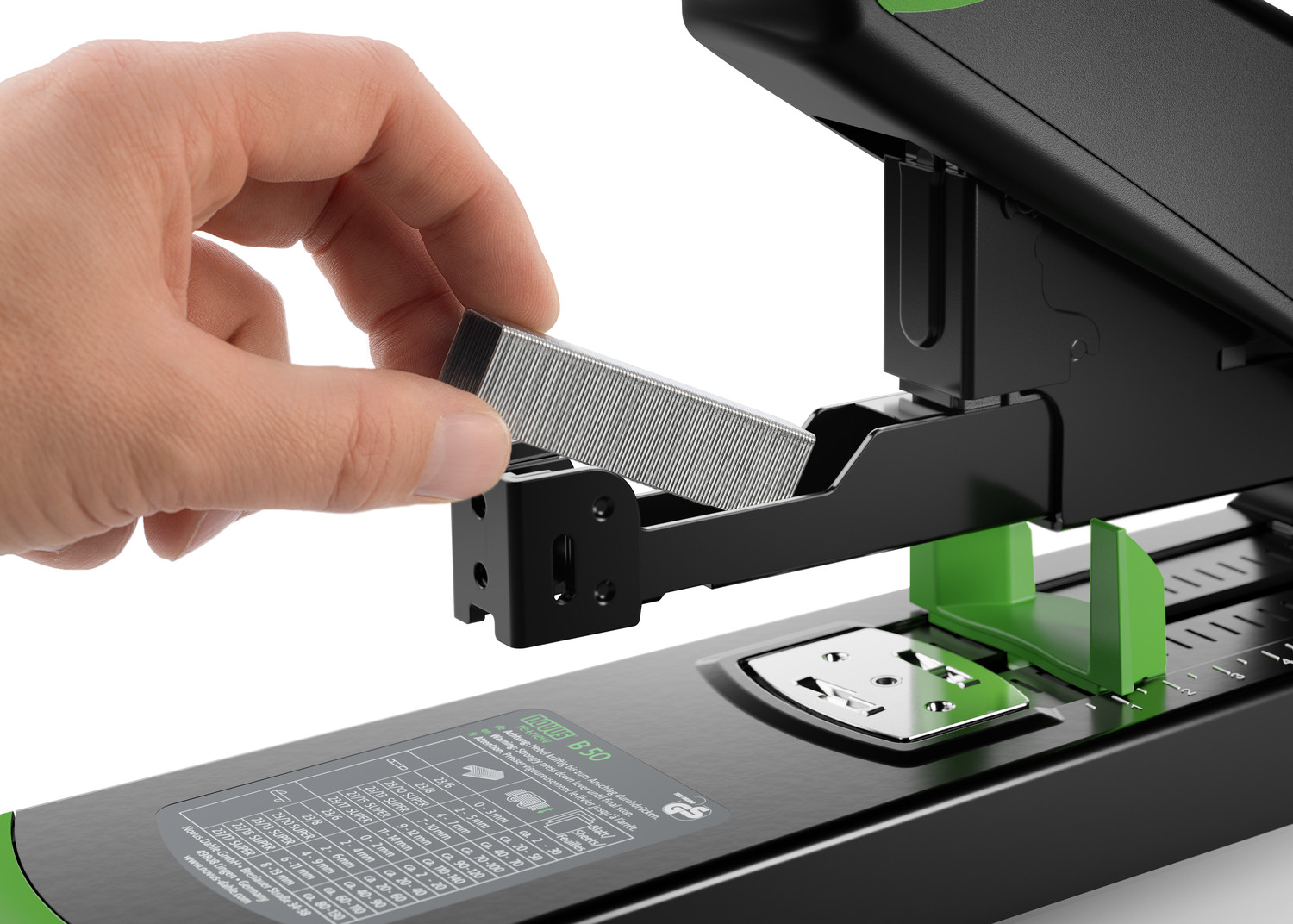 Press button loading system with double staple guide for precision stapling