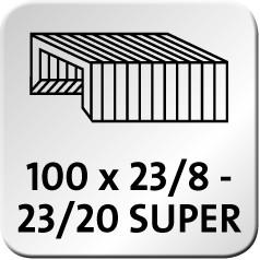 Urządzenie wykorzystuje zszywki typu 23/8 do 23/20 Super. Można włożyć do niego maksymalnie 100 sztuk.