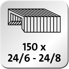 Quantity and type of staples used. In this case, 150 staples 24/6–24/8.