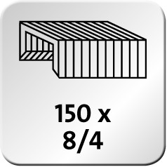 Quantity and type of staple that can be used. In this case, 150 pieces 8/4 staples.
