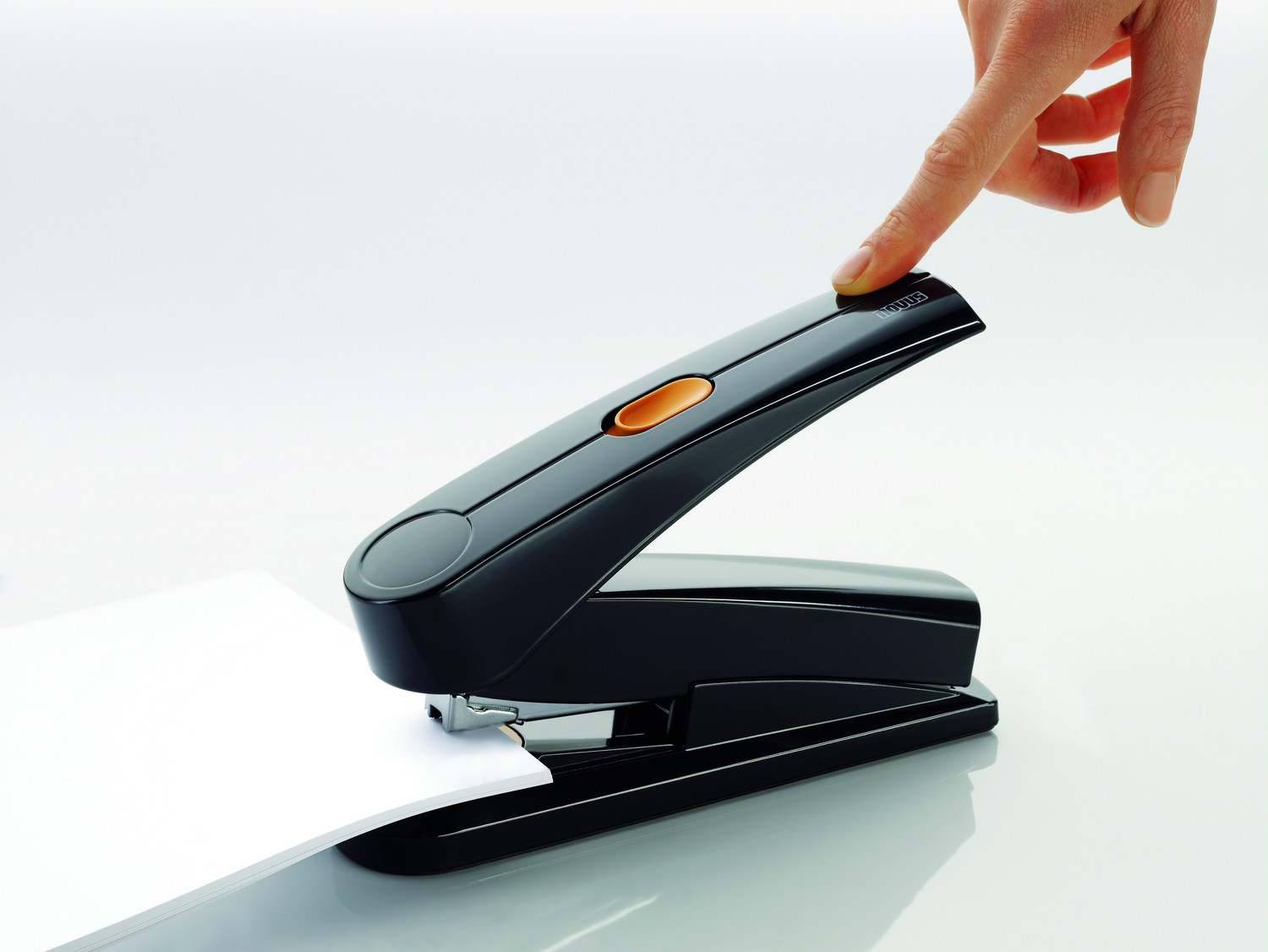 Stapling with Power on Demand: Lever raised for super-easy stapling - saves over 70% of the effort.